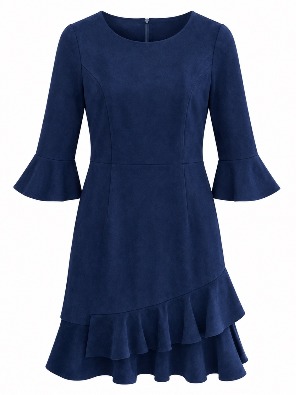 Aryeh Faux Suede Dress Womens Medium Ruffle Round Neckline Blue